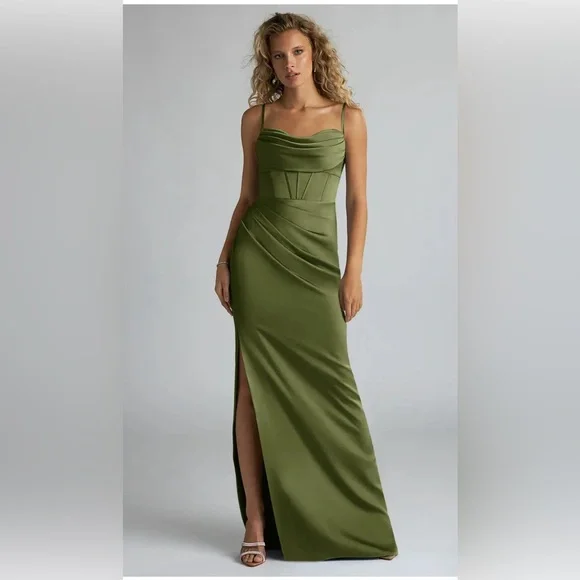 Azazie Mai Stretch Satin Olive Bridesmaid Dresses Size UK 20